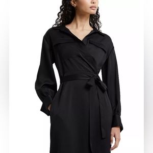 Harlow Satin Faux Wrap Midi Shirt Dress